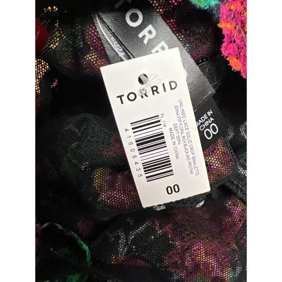 Torrid Unlined Lace Crop Bralette Jenna Pop Floral Rich Black Pristine Size 00/M - Picture 7 of 7